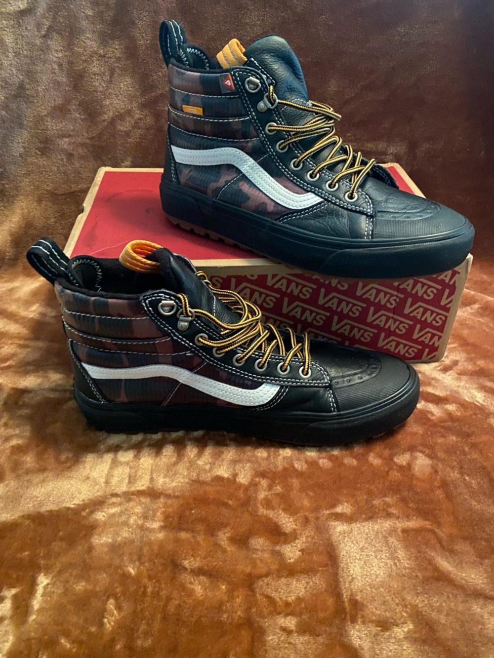 Vans High-Top Camouflage Sneakers in Black, Orange, White - Picture 4 of 11